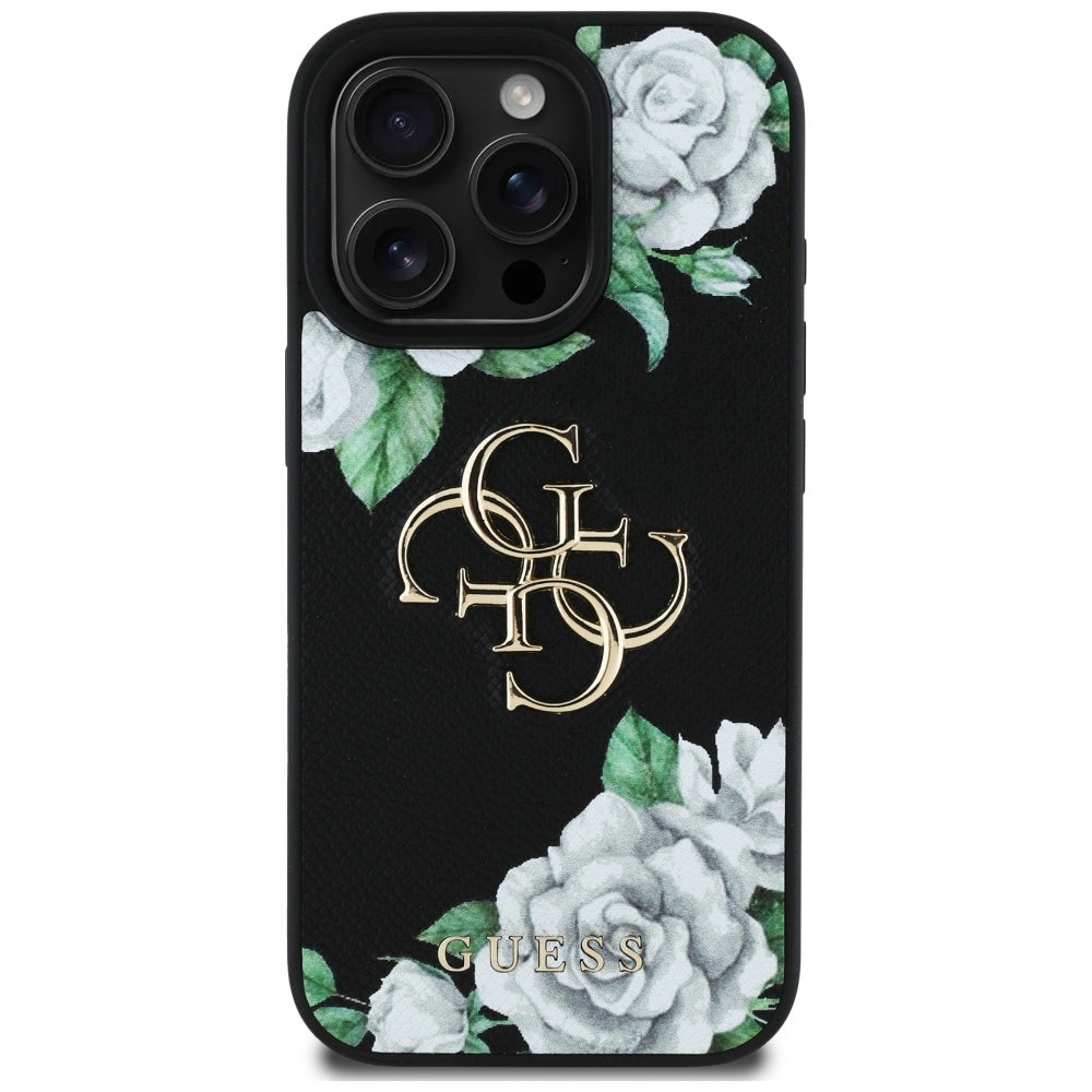 Case for Apple iPhone 16 Pro Max, Guess, 4G Grained Roses Big Logo, Black
