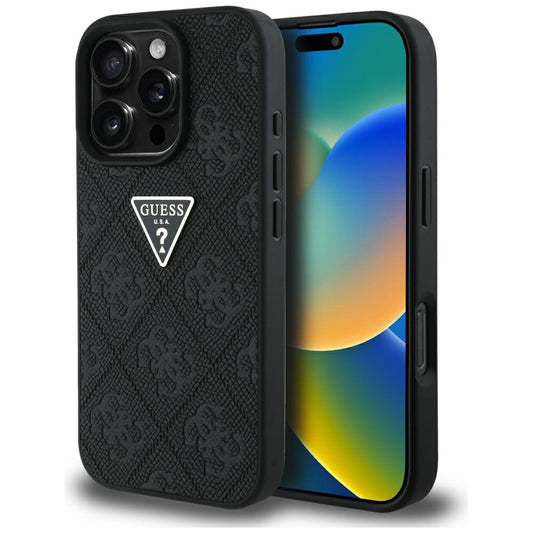 Case for Apple iPhone 16 Pro Max, Guess, Hot Stamp 4G Pattern Triangle Logo, Black