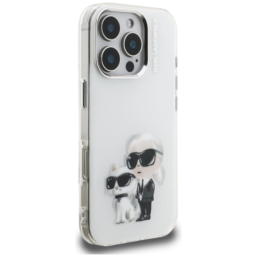 Case for Apple iPhone 16 Pro Max, Karl Lagerfeld, IML Aquarelle Logo Karl & Choupette, White