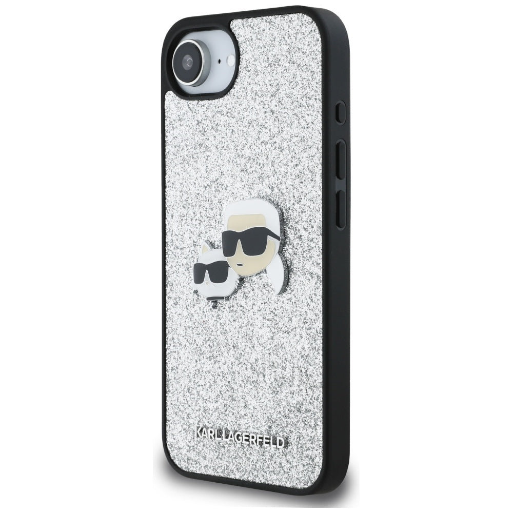 Case for Apple iPhone 16e, Karl Lagerfeld, Glitter Fixed Karl & Choupette's Heads, Silver