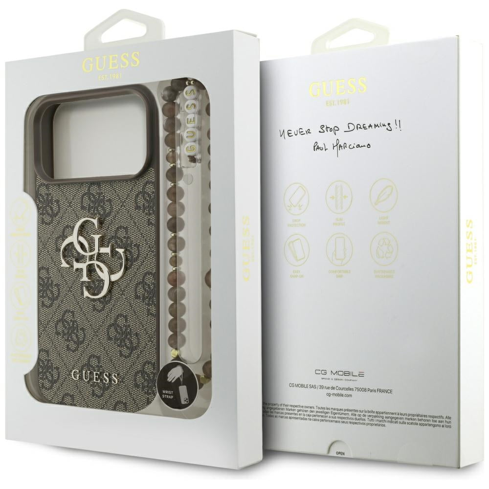 Case for Apple iPhone 17 Pro Max, Guess, 4G Classic Logo with Pearl Strap, Brown