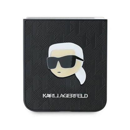 Case for Samsung Galaxy Z Flip7 FE F761 / Z Flip6 F741, Karl Lagerfeld, Saffiano Monogram Karl's Head Metal, Black
