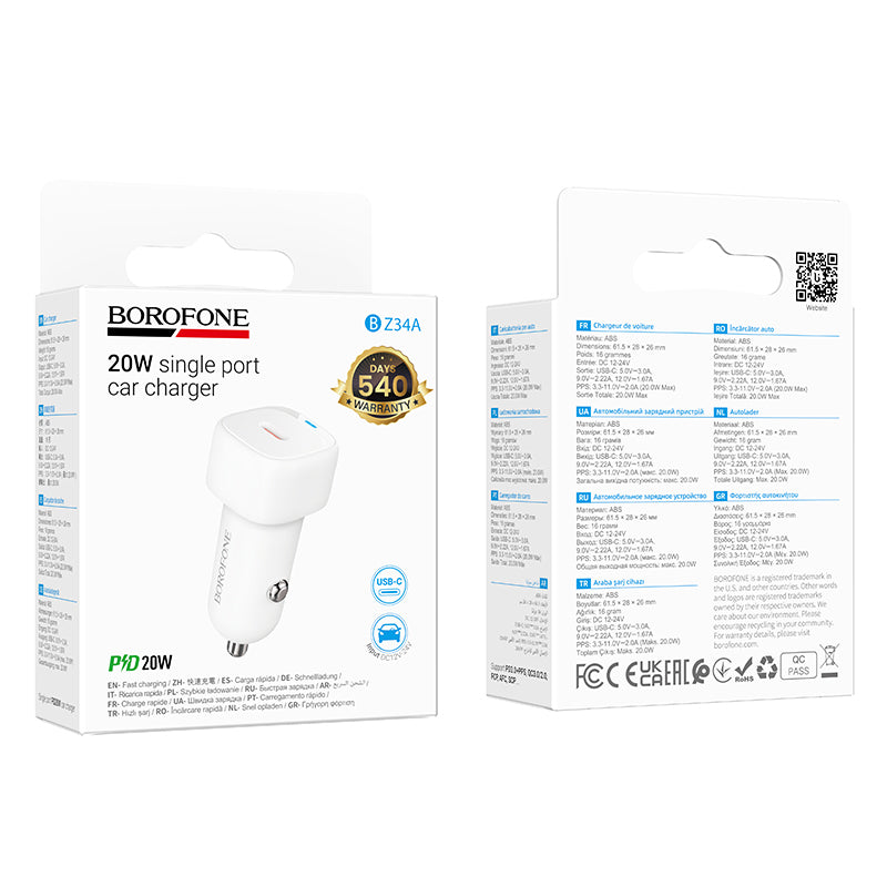 Borofone BZ34A Cloud Car Charger, 20W, 3A, 1 x USB-C, White