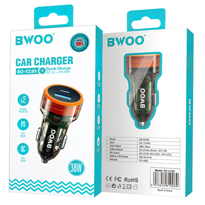 BWOO BO-CC85 Car Charger, 38W, 3A, 1 x USB-A - 1 x USB-C, Black