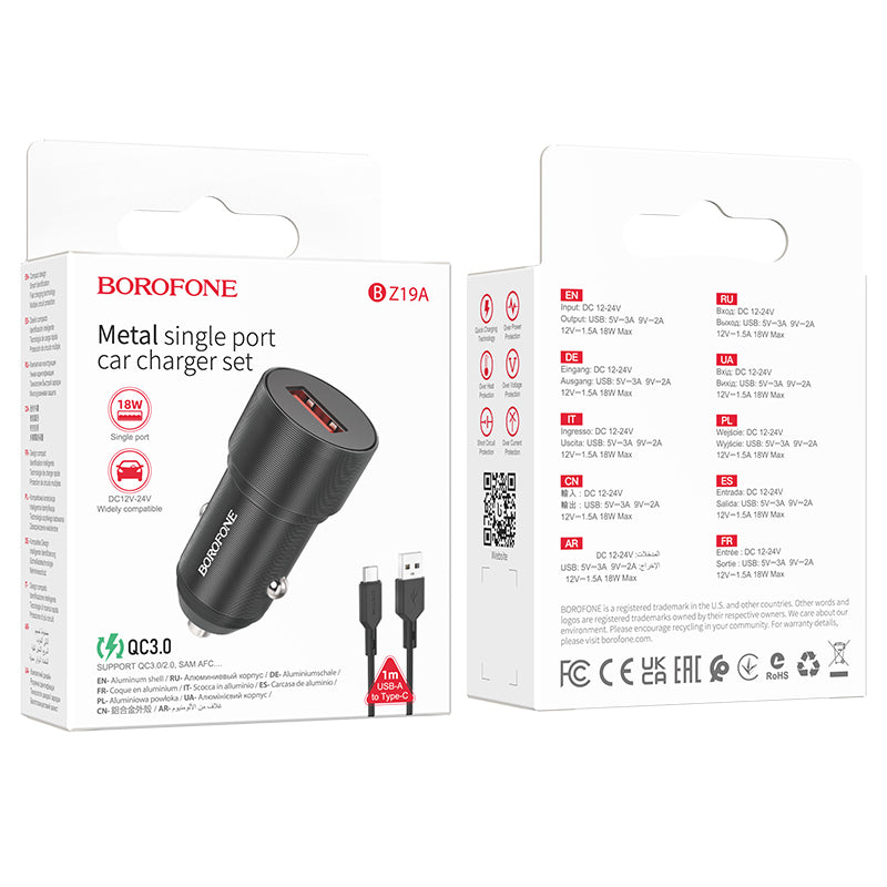 Borofone BZ19A Wisdom USB-C Car Charger, 18W, 3A, 1 x USB-A, Black