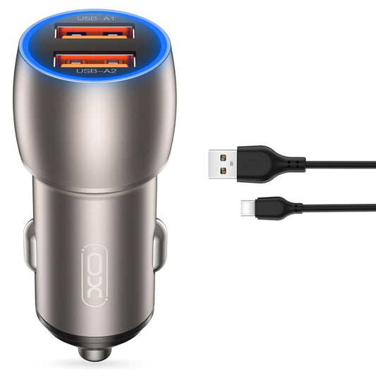 Car Charger with USB-C Cable XO Design CC52, 36W, 3A, 2 x USB-A, Grey 