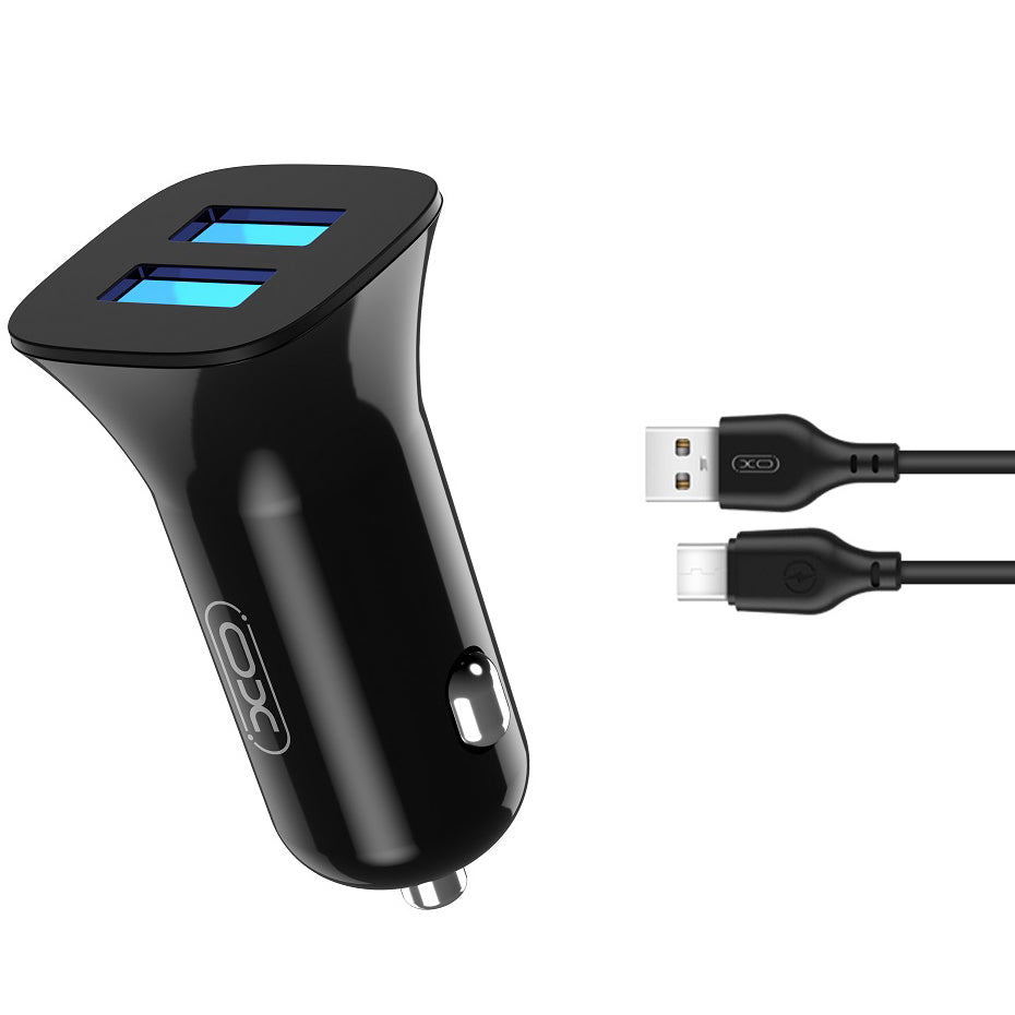 Car Charger With USB-C Cable XO Design TZ10, 12W, 2.4A, 2 x USB-A, Black