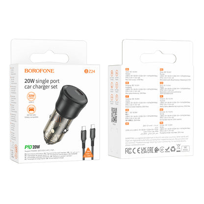 Borofone BZ24 Clever Car Charger with USB-C Cable, 20W, 3A, 1 x USB-C, Black