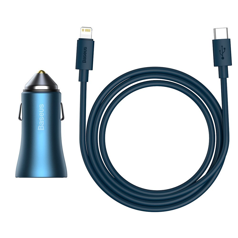 Car Charger With Lightning Cable Baseus Golden Contactor, 40W, 3A, 1 x USB-A - 1 x USB-C, Navy Blue TZCCJD-03