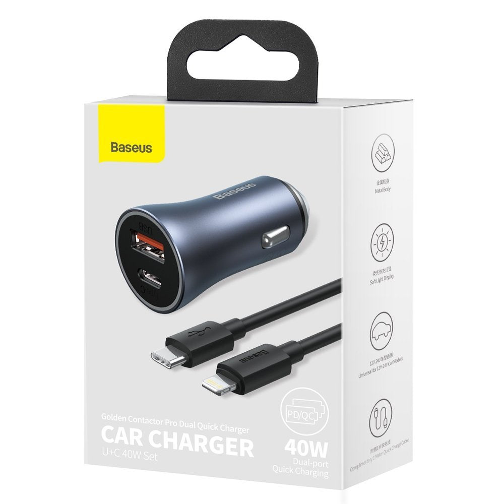 Car Charger with Lightning Cable Baseus Golden Contactor, 40W, 3A, 1 x USB-A - 1 x USB-C, Gray TZCCJD-B0G