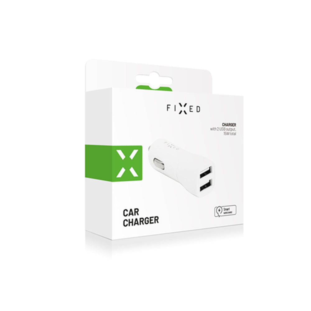 Fixed Auto Charger, 15.5W, 3A, 2 x USB-A, White