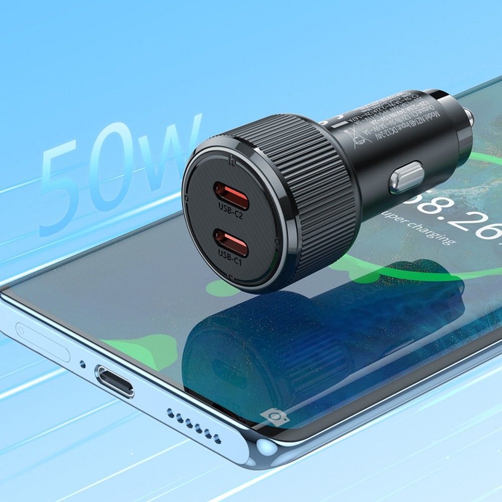 HOCO NZ14B Car Charger, 50W, 3A, 2 x USB-C, Black