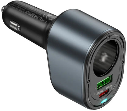 HOCO Z56 Car Charger, 35W, 3A, 1 x USB-A - 1 x USB-C - 1 x Cigarette Lighter Extension, Black