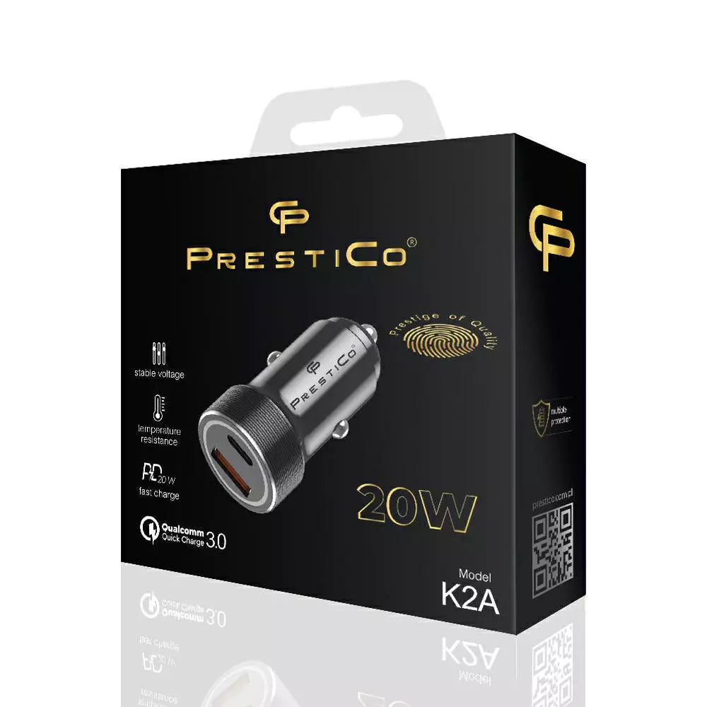 Prestico K2A Car Charger, 20W, 3A, 1 x USB-A - 1 x USB-C, Black