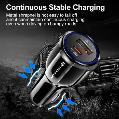 Techsuit TE-022 Premium Car Charger, 60W, 3A, 1 x USB-A - 1 x USB-C, Black