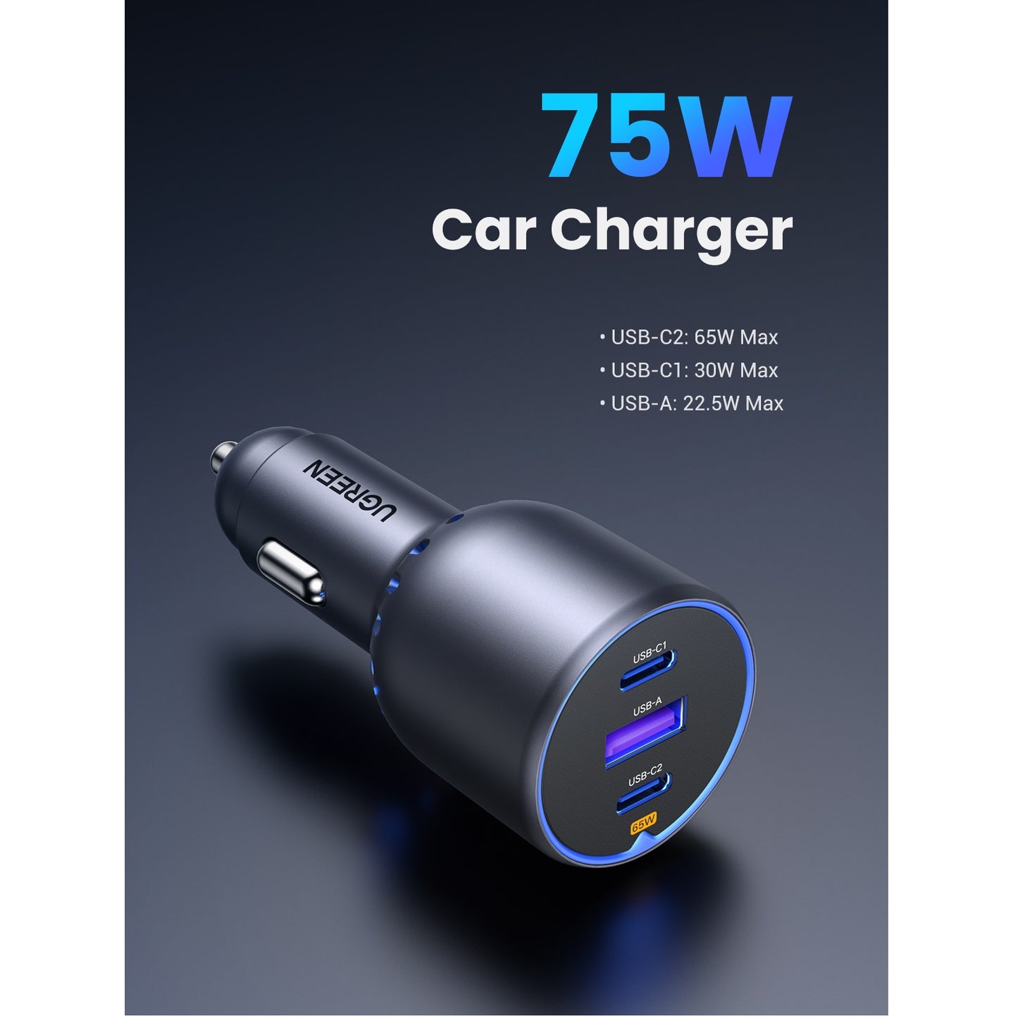 Car Charger UGREEN EC703, 75W, 3.25A, 1 x USB-A - 2 x USB-C, Black 