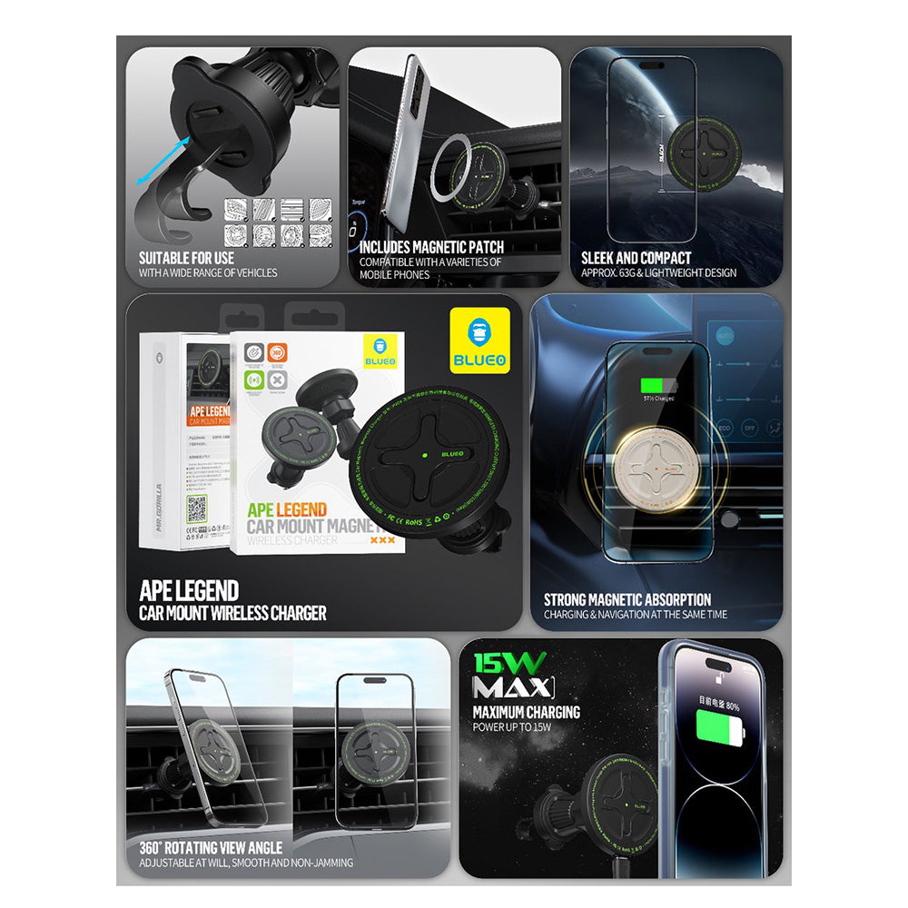 Blueo Ape Legend Wireless Car Charger, 15W, 1.67A, Black