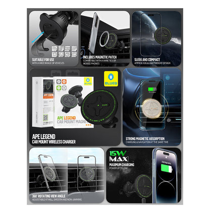 Blueo Ape Legend Wireless Car Charger, 15W, 1.67A, Black