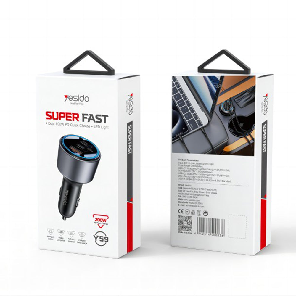 Yesido Y59 Car Charger, 200W, 5A, 1 x USB-A - 2 x USB-C, Black