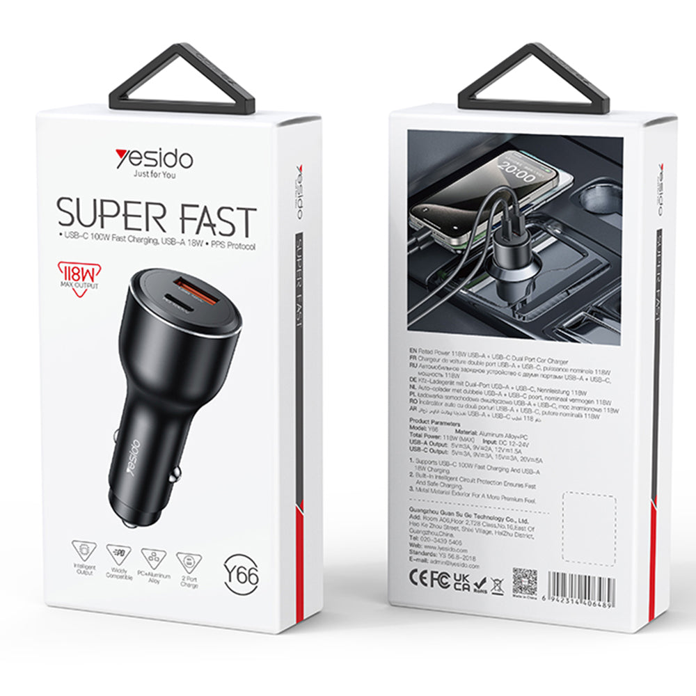 Yesido Y65 Car Charger, 100W, 5A, 1 x USB-A - 1 x USB-C, Black