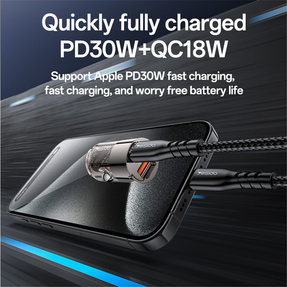 Yesido Y68 Car Charger, 30W, 3A, 1 x USB-A - 1 x USB-C, Black