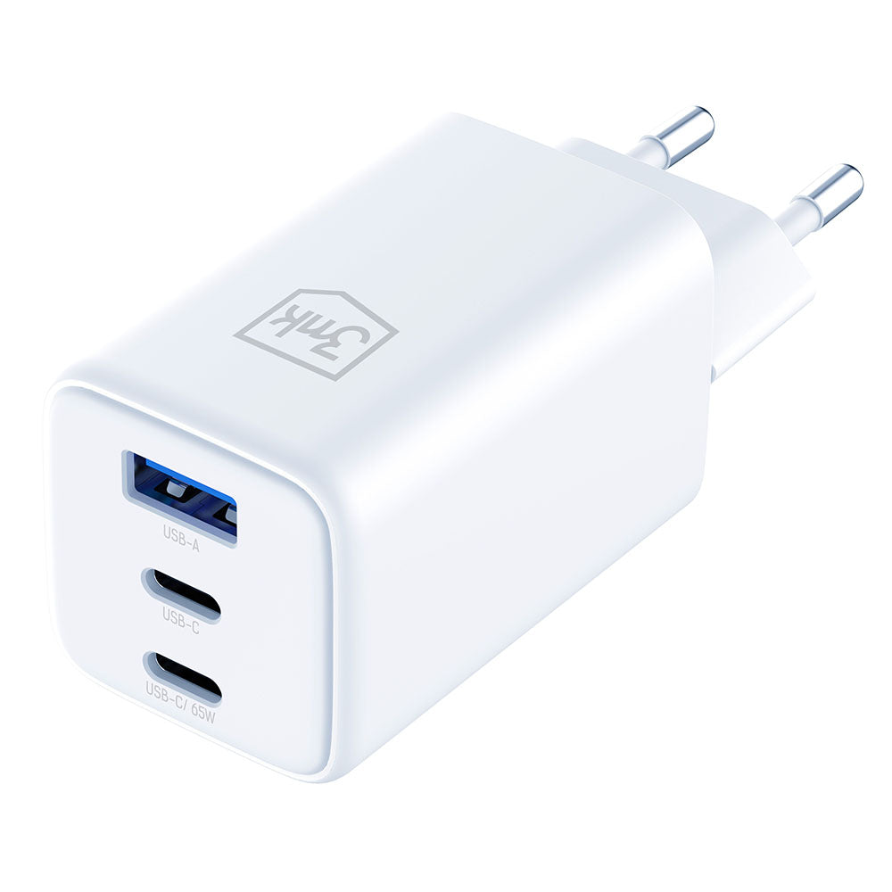 3MK Hyper Network Charger, 65W, 3.25A, 1 x USB-A - 2 x USB-C, White