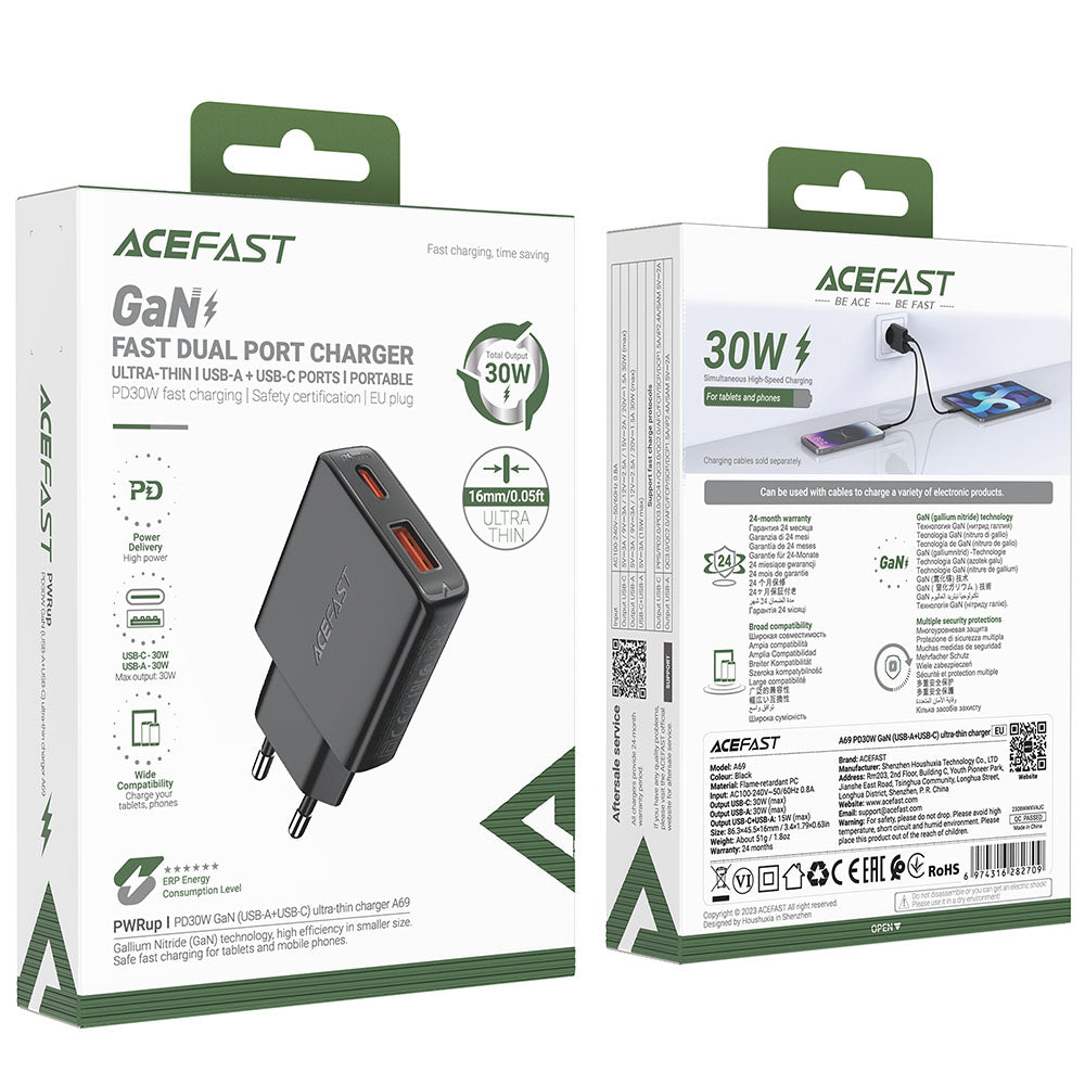 Acefast A69 Network Charger, 30W, 3A, 1 x USB-A - 1 x USB-C, Black