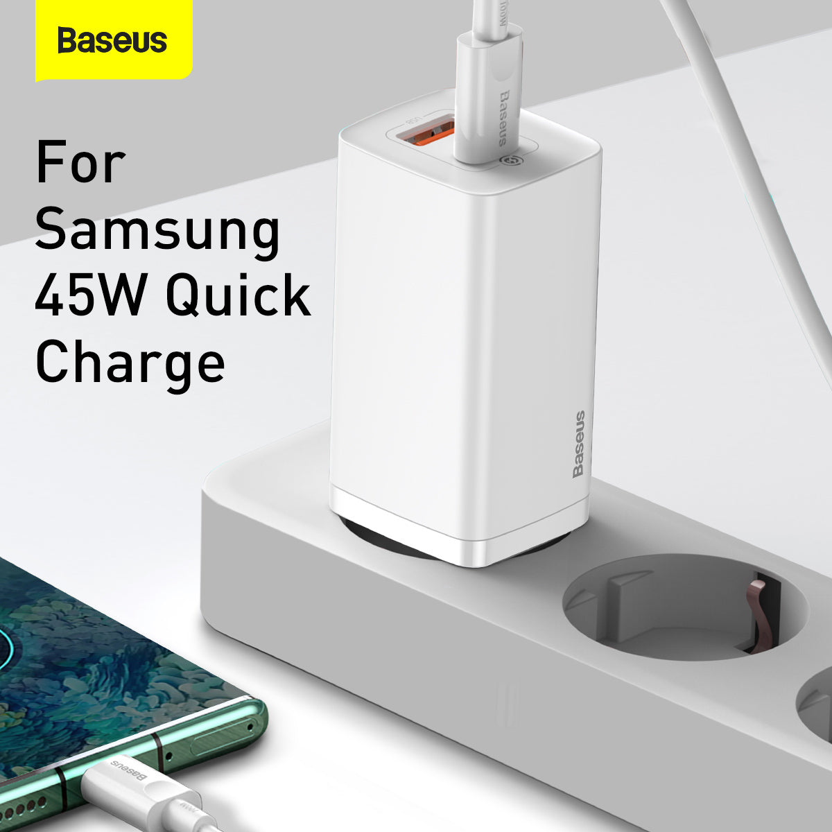 Baseus GaN2 Lite Power Adapter, 65W, 3A, 1 x USB-A - 1 x USB-C, White CCGAN2L-B02