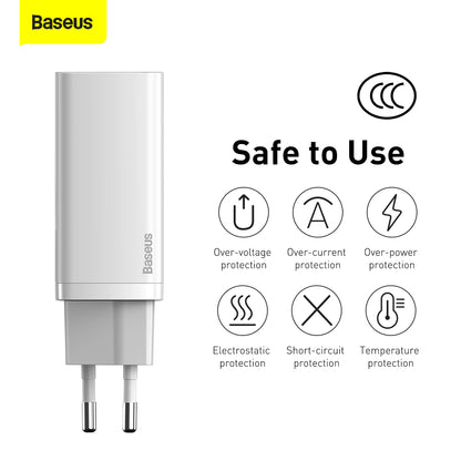 Baseus GaN2 Lite Power Adapter, 65W, 3A, 1 x USB-A - 1 x USB-C, White CCGAN2L-B02