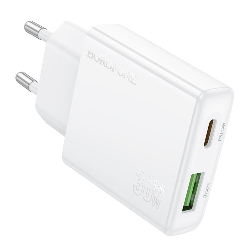 Borofone BN25 Wish Power Adapter, 30W, 3A, 1 x USB-A - 1 x USB-C, White