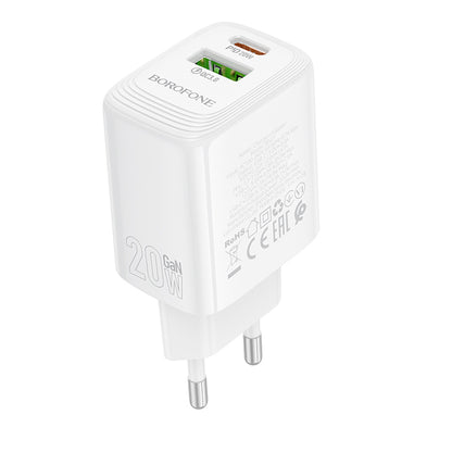 Borofone BN27 Fuente Network Charger, 20W, 3A, 1 x USB-A - 1 x USB-C, White