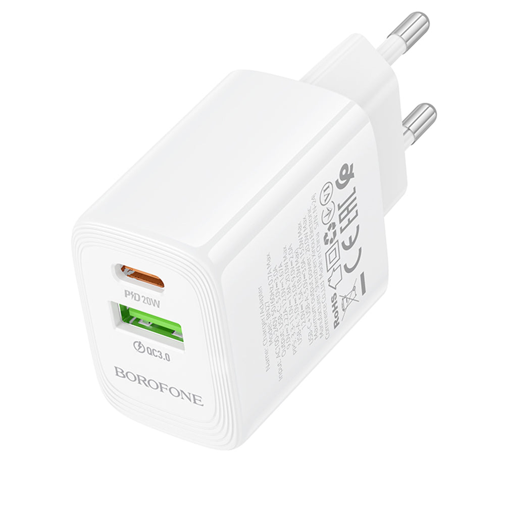 Borofone BN27 Fuente Network Charger, 20W, 3A, 1 x USB-A - 1 x USB-C, White