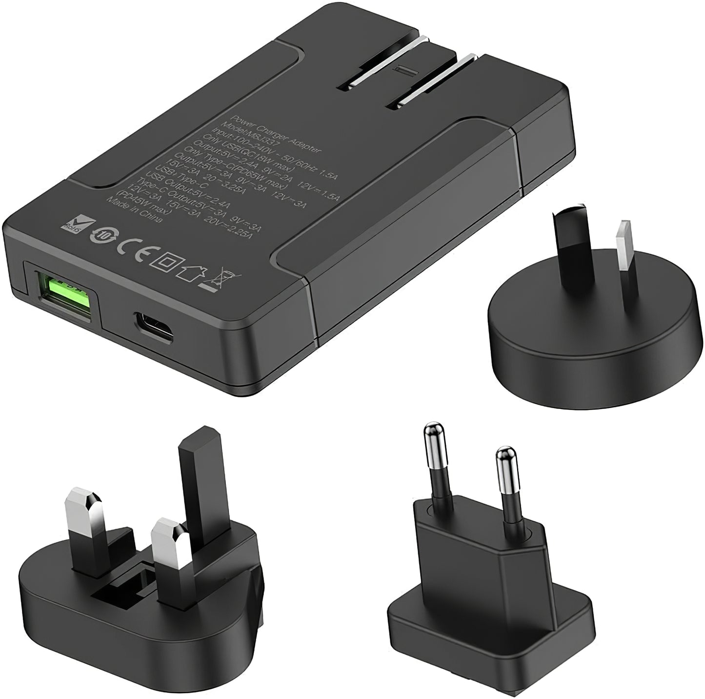 Budi Power Adapter, 65W, 3A, 1 x USB-A - 1 x USB-C, Black, Resealed