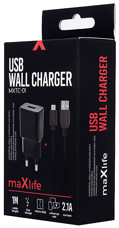 MaXlife MXTC-01 Network Charger with microUSB Cable, 10.5W, 2.1A, 1 x USB-A, Black