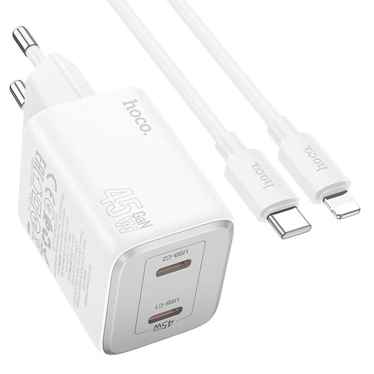 HOCO N42 Power Adapter with Lightning Cable, 45W, 3A, 2 x USB-C, White