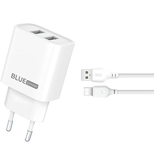 Blue Power BPCE02C USB-C Cable Charger, 10.5W, 2.1A, 2 x USB-A, White