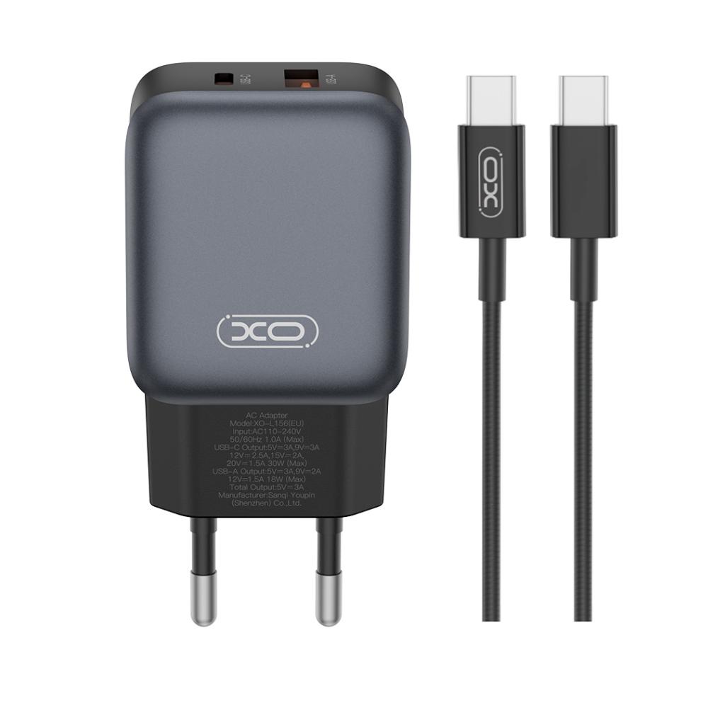 Network Charger with USB-C Cable XO Design L156, 30W, 3A, 1 x USB-A - 1 x USB-C, Black