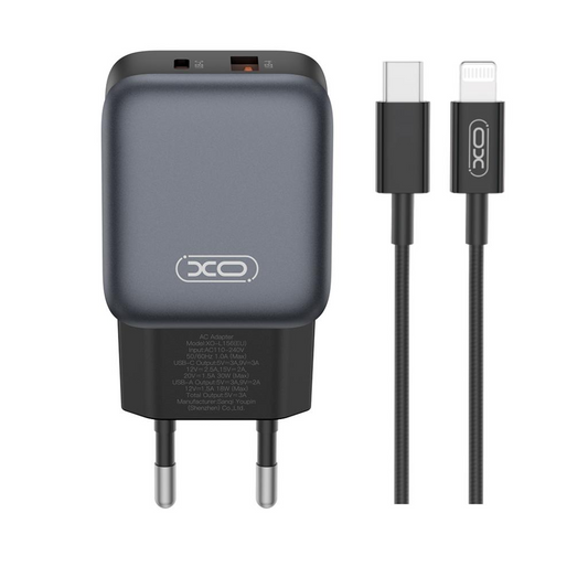 Network Charger with Lightning Cable XO Design L156, 30W, 3A, 1 x USB-A - 1 x USB-C, Black