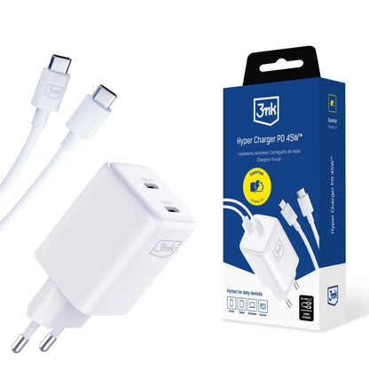 3MK HyperCharger USB-C Cable Charger, 45W, 3A, 2 x USB-C, White