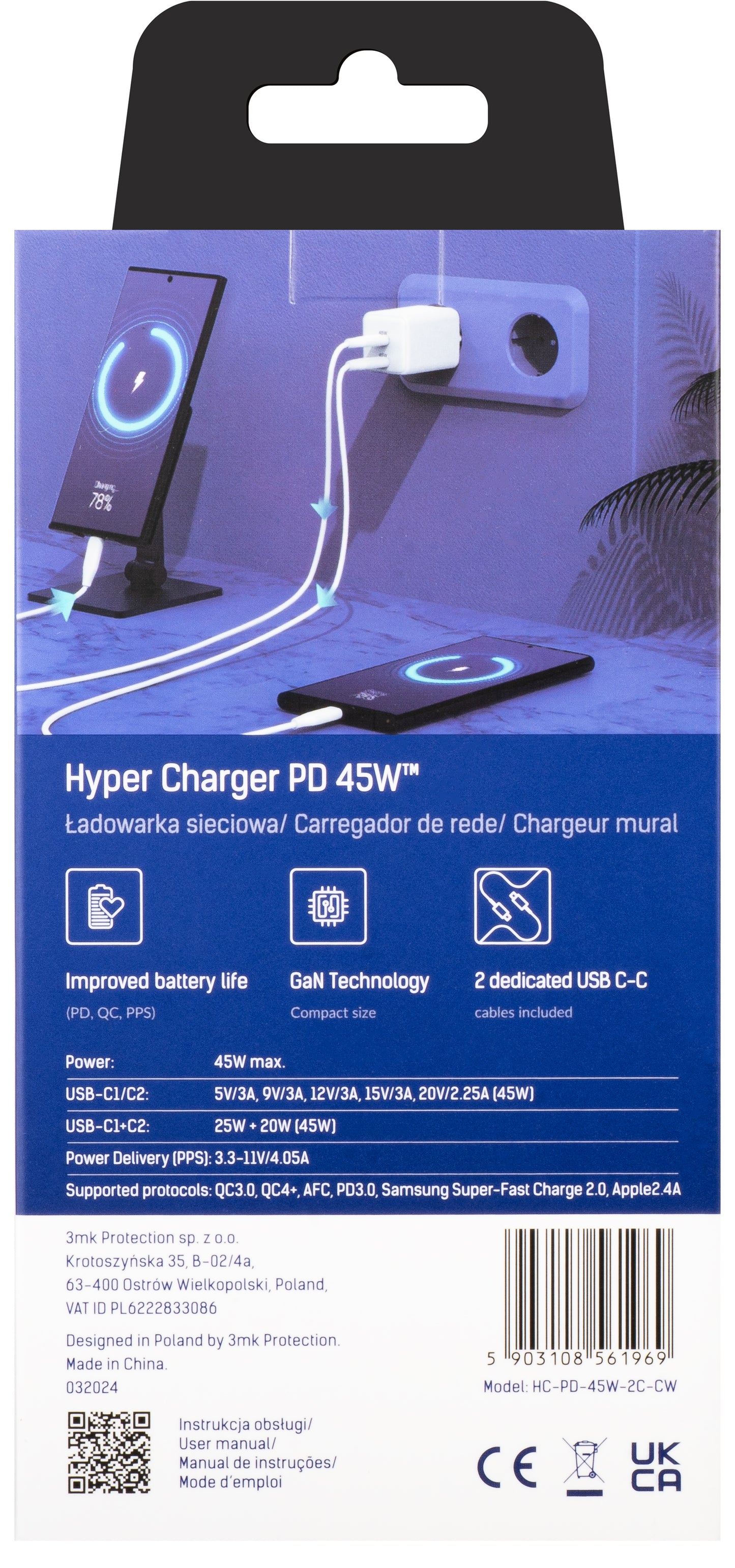 3MK HyperCharger USB-C Cable Charger, 45W, 3A, 2 x USB-C, White