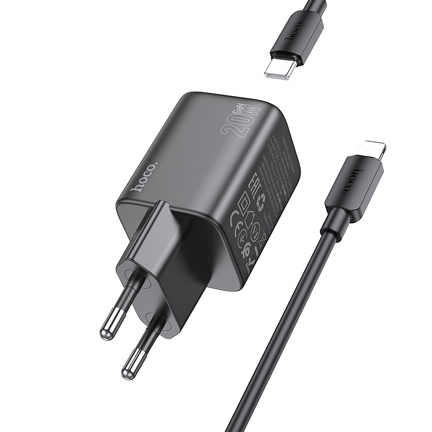 HOCO N40 Power Adapter with Lightning Cable, 20W, 3A, 1 x USB-C, Black