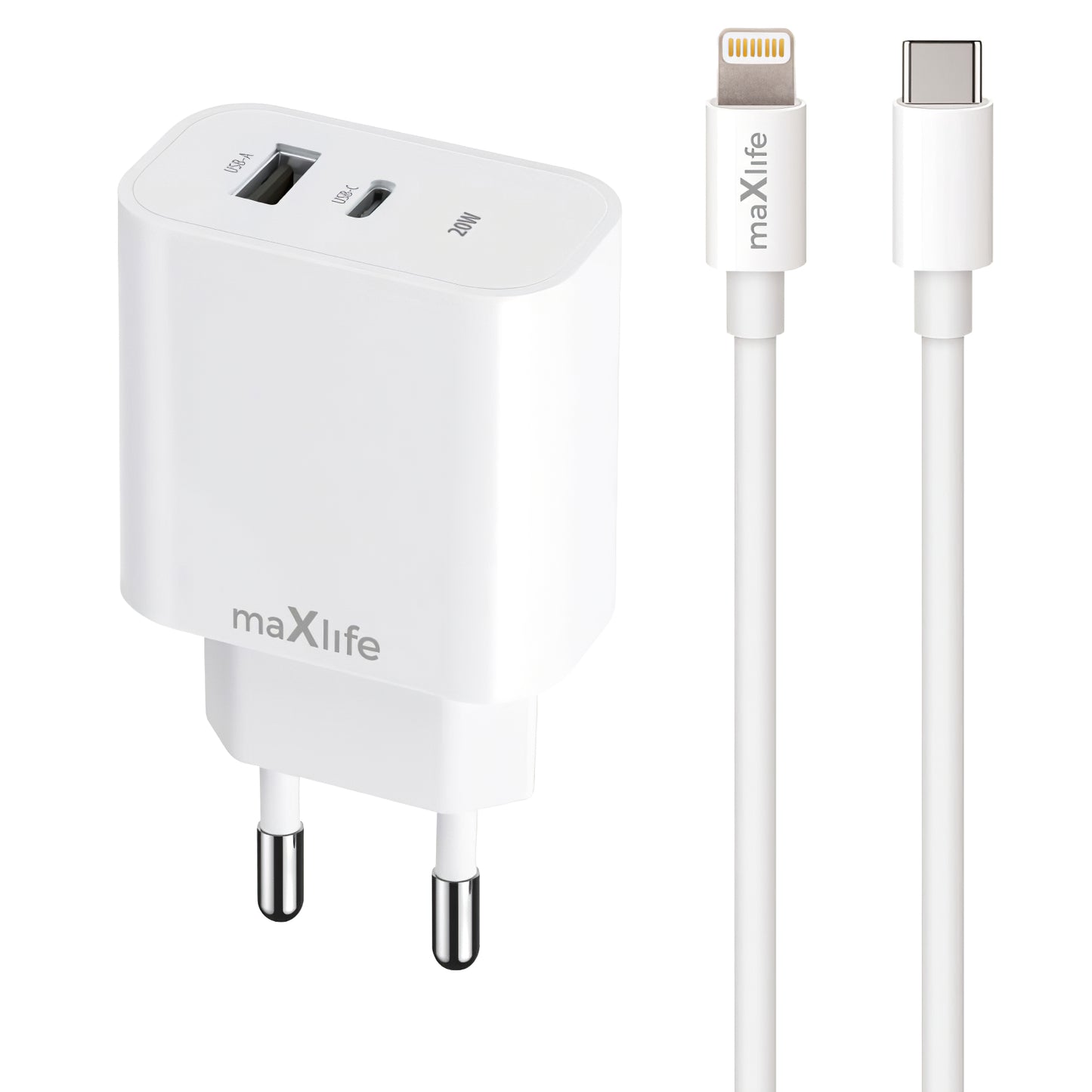 MaXlife MXTC-06-20AC Power Adapter with Lightning Cable, 20W, 3A, 1 x USB-A - 1 x USB-C, White