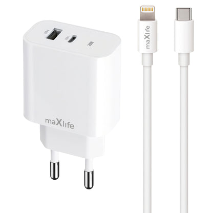 MaXlife MXTC-06-20AC Power Adapter with Lightning Cable, 20W, 3A, 1 x USB-A - 1 x USB-C, White