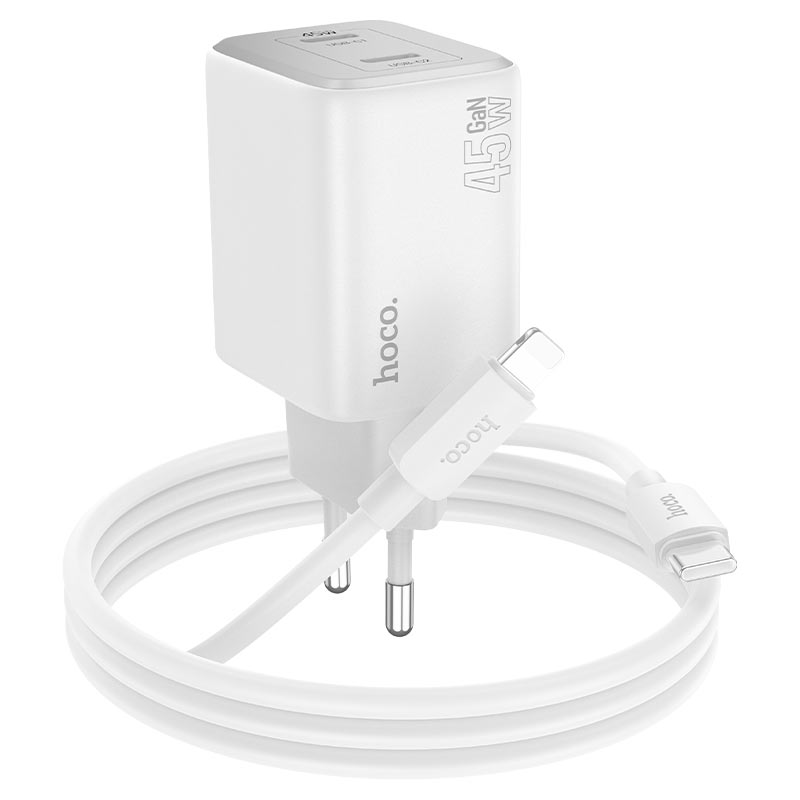 HOCO N42 Power Adapter with Lightning Cable, 45W, 3A, 2 x USB-C, White