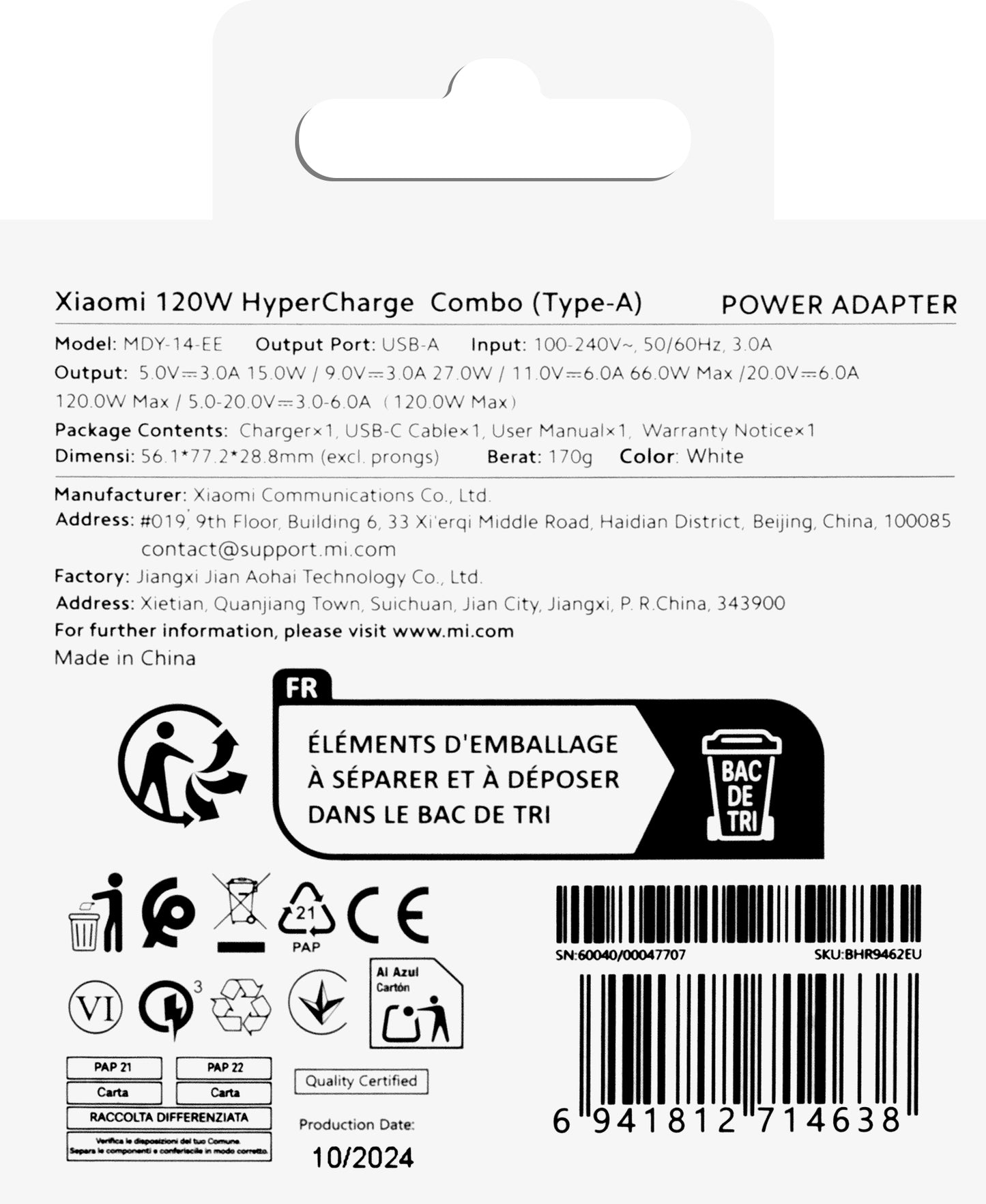 Xiaomi USB-C Cable Charger, 120W, 6A, 1 x USB-A, White BHR9462EU