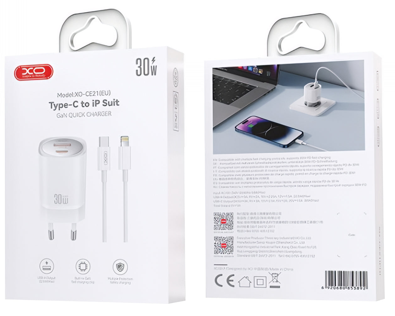 Network Charger with Lightning Cable XO Design CE21, 30W, 3A, 1 x USB-A - 1 x USB-C, White