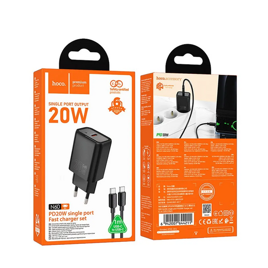 Network Charger with Lightning Cable HOCO N60, 20W, 3A, 1 x USB-C, Black
