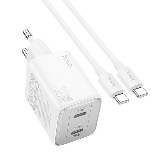 HOCO N42 USB-C Cable Charger, 45W, 3A, 2 x USB-C, White