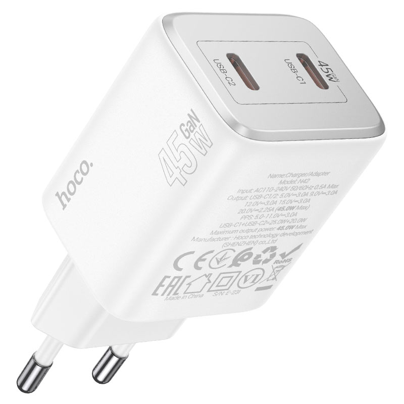 HOCO N42 Power Adapter with Lightning Cable, 45W, 3A, 2 x USB-C, White