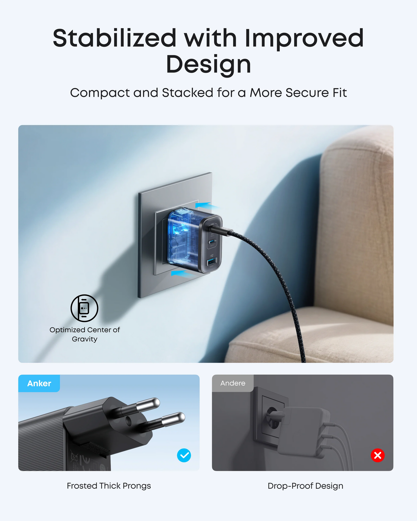Anker Nano USB-C Network Charger with Cable, 70W, 3.5A, 1 x USB-A - 2 x USB-C, Gray B121A311